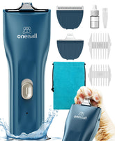 oneisall quiet pet clippers packaging shows portable kit for on-the-go grooming