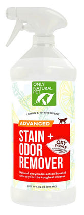 Only Natural Pet Advanced Dog Stain + Odor Remover bottle ready for carpet stain cleanup.