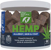 Only Natural Pet Allergy Skin Coat Hemp Soft Chews bottle front highlighting omega-3 support