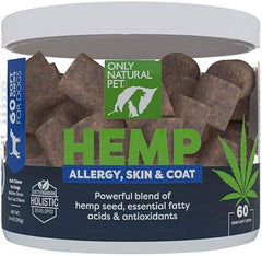 Only Natural Pet Allergy Skin Coat Hemp Soft Chews bottle front highlighting omega-3 support