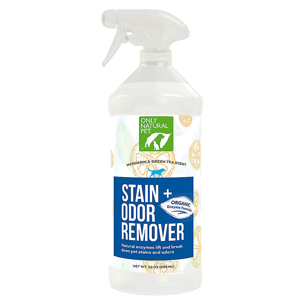 Only Natural Pet enzyme-powered stain-eliminator bottle cleans pet messes on fabrics and floors.