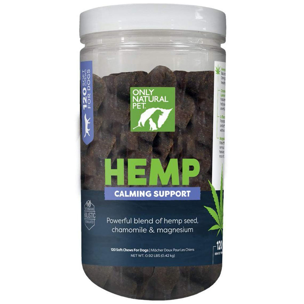 Only Natural Pet hemp soft chews bottle offering calming support from natural ingredients.