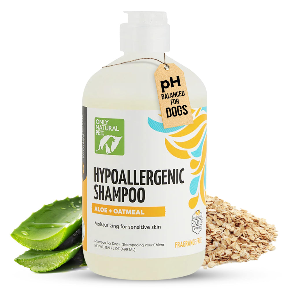 Only Natural Pet hypoallergenic shampoo bottle closeup showing fragrance-free formula for sensitive skin.