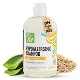 Only Natural Pet hypoallergenic shampoo bottle closeup showing fragrance-free formula for sensitive skin.