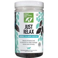 Only Natural Pet Just Relax bacon-flavored soft chews bottle for daily calm.