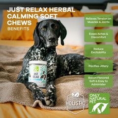 Only Natural Pet Just Relax chews show chamomile herb blend for stress relief.