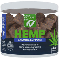 Only Natural Pet hemp soft chews bottle promotes calm during stress for dogs.