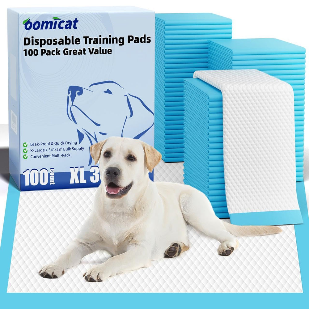 Oomicat Puppy Pads XL packaging emphasizes extra-large 34x28 size for training and travel.