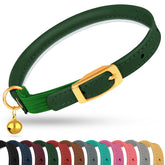 OOPSDOGGY rolled leather cat collar green closeup buckle improves comfort for long-haired cats.