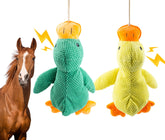 OOXYG squeaky duck horse toy in green-yellow captures attention during training