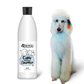 OPAWZ Color Depositing Shampoo blue bottle shows vibrant color on light fur