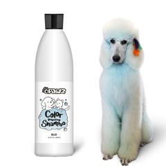 OPAWZ Color Depositing Shampoo blue bottle shows vibrant color on light fur