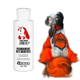 OPAWZ permanent dog hair dye bottle in flame orange demonstrates vibrant, long-lasting pet color.