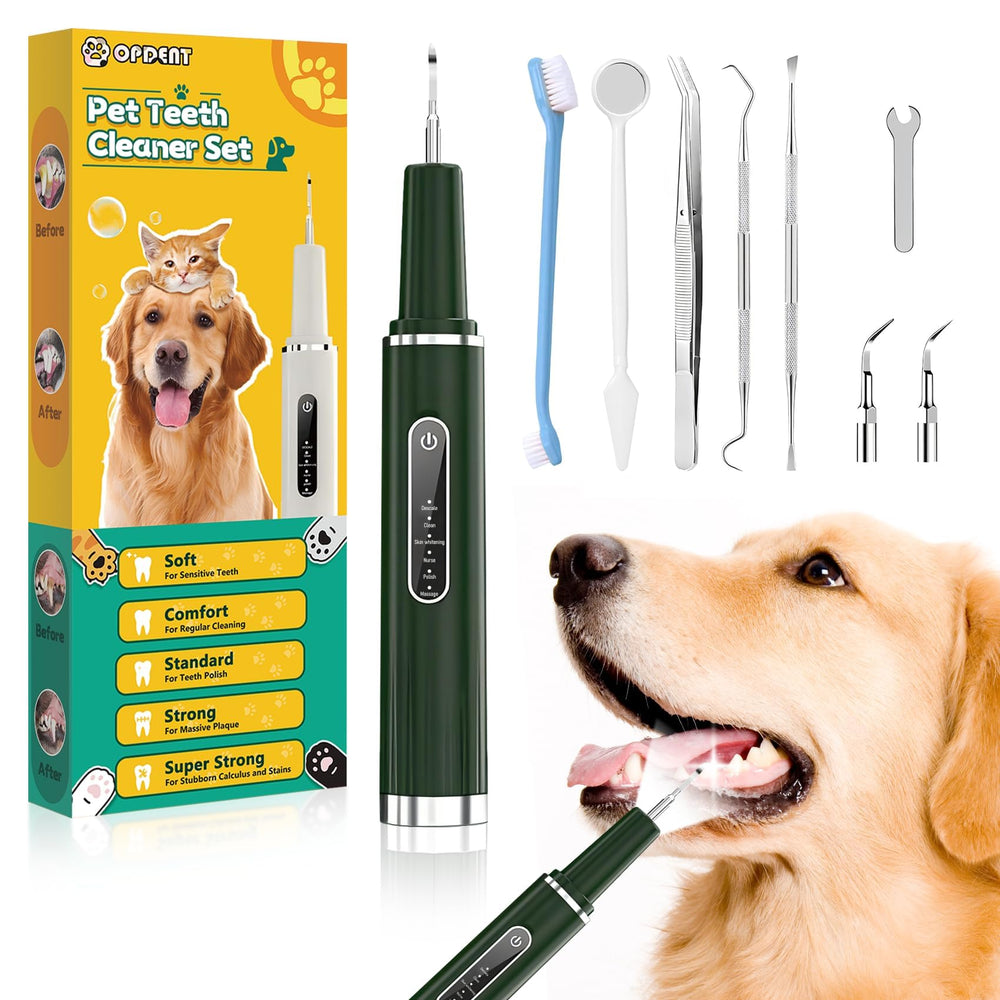 Opdent ultrasonic dog teeth cleaner with LED light for precise tartar removal.