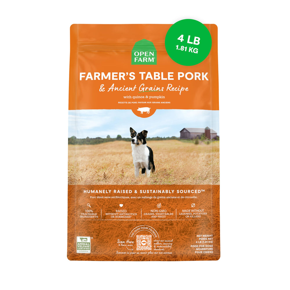 Open Farm Ancient Grains dog food bag front highlighting pork recipe for active dogs