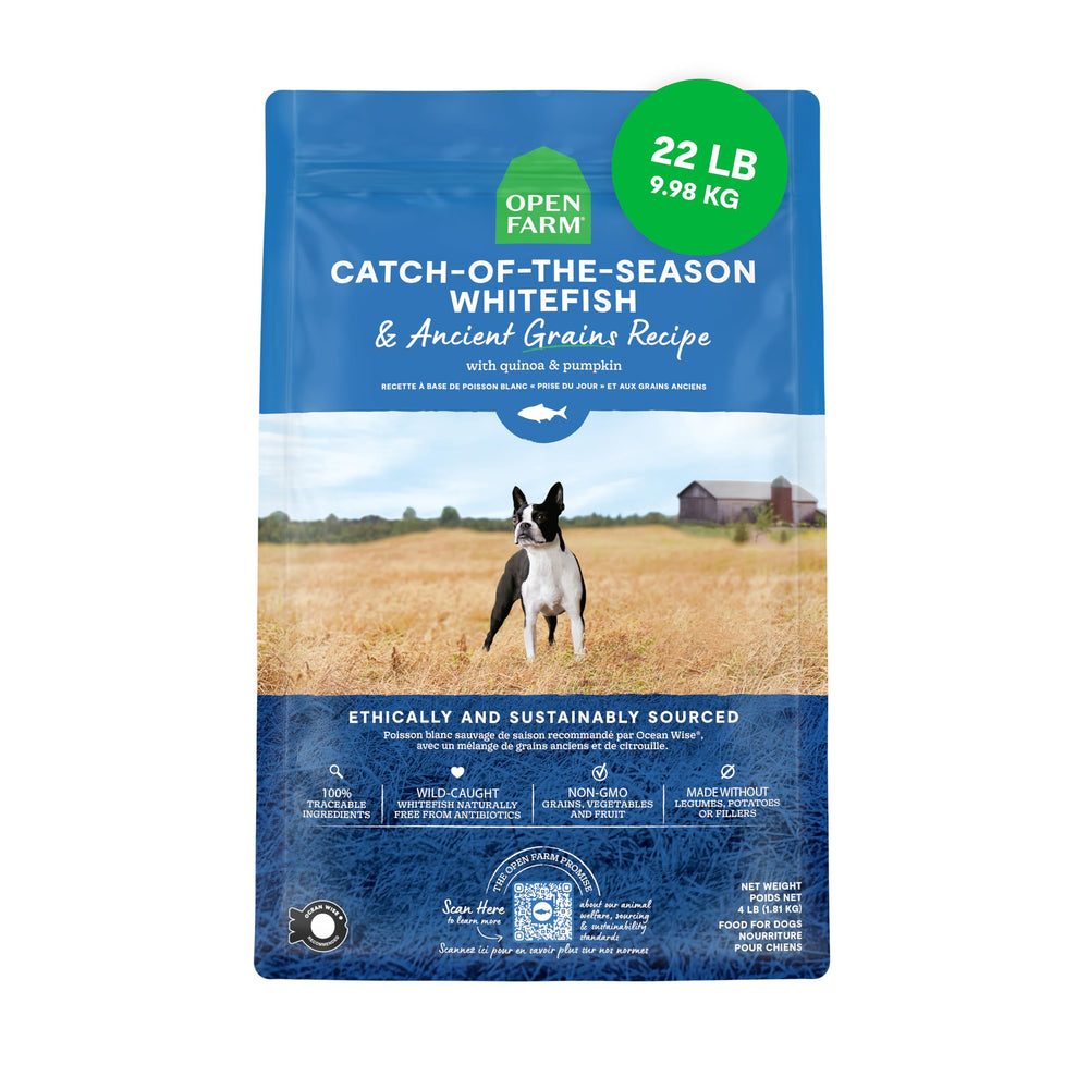 Open Farm ancient-grains dog food bag highlights protein-rich, digestion-friendly nutrition.