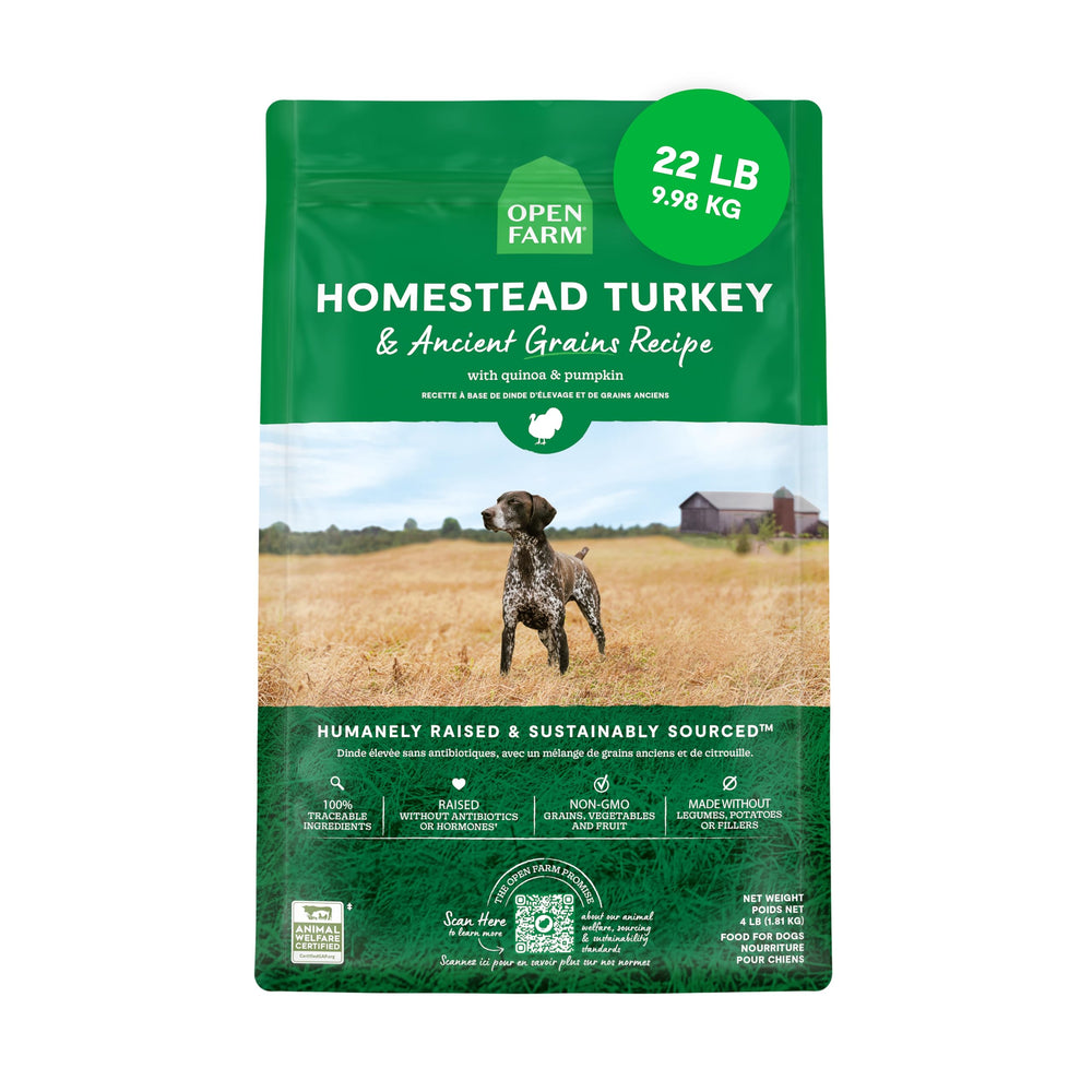 Open Farm ancient grains dry dog food bag showcases premium nutrition for active dogs