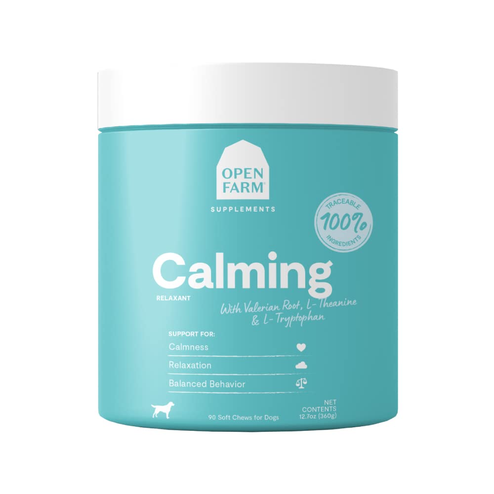 Open Farm Calming Chews bottle with 90-count pack supports calmer daily routines.