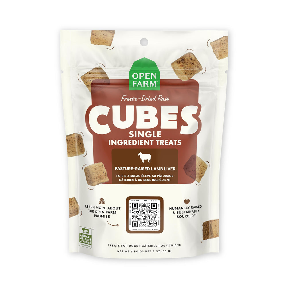 Open Farm Cubes Lamb Liver packshot: a high-protein, single-ingredient treat for sensitive dogs