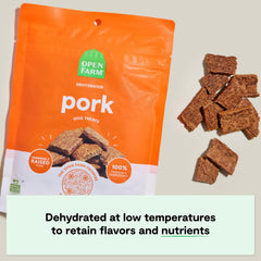 Open Farm Dehydrated Pork Treats serving bowl shot suggests crunchy texture as a tasty reward.
