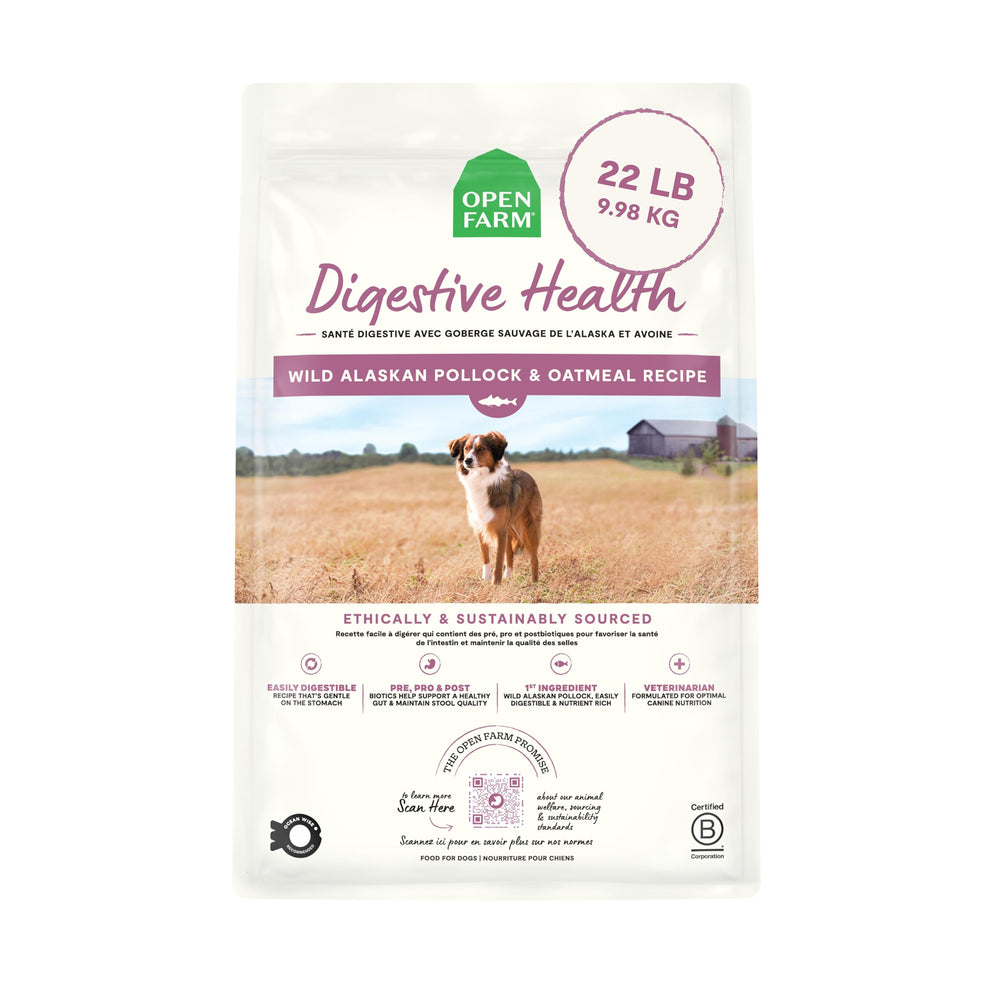 Open Farm digestive health dog food bag highlighting gentle digestion.