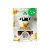 Open Farm dog jerky pouch front shows soft chewy chicken treats for training rewards.