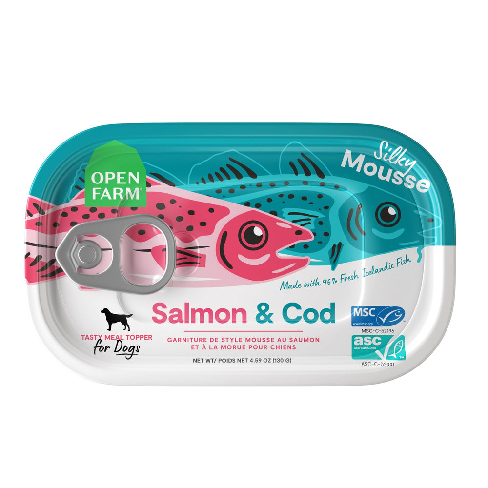 Open Farm silky mousse can close-up, salmon and cod imagery, omega-rich flavor for a healthy coat
