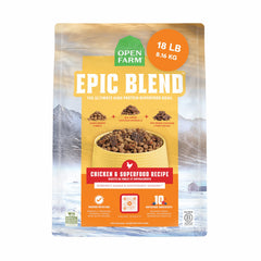 Open Farm Epic Blend kibble in a bowl, delivering high-protein nutrition and tasty crunch.