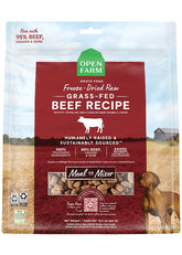 Open Farm freeze-dried dog food morsels bag shows high-protein bites for complete meals