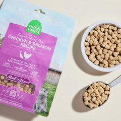 Open Farm chicken-salmon closeup emphasizes real meat and seafood-rich recipe cats love.