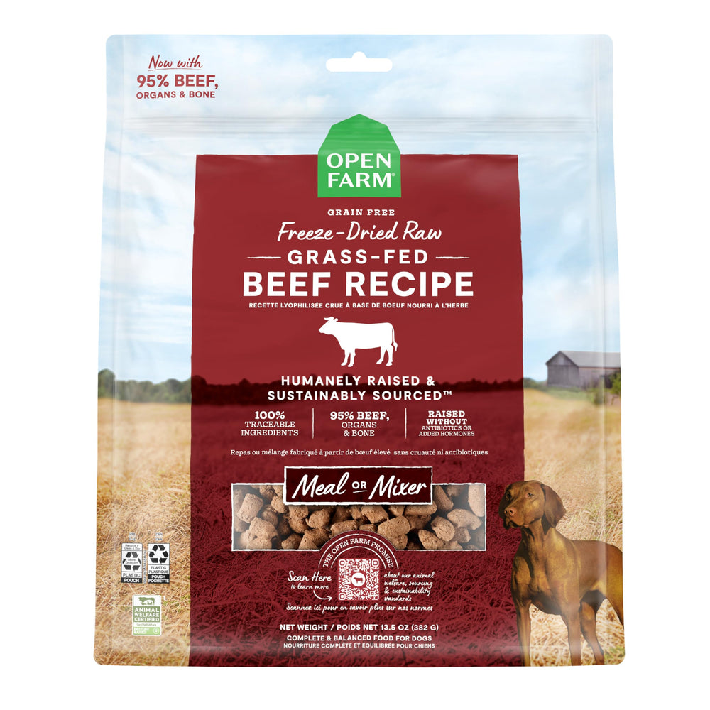 Open Farm freeze-dried morsels close-up show 95% meat for high-protein nutrition