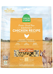 Open Farm freeze-dried raw dog food morsels in bag close-up; rich flavor for mealtime.
