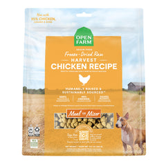 Open Farm freeze-dried morsels pack shot emphasizing high-protein nutrition.