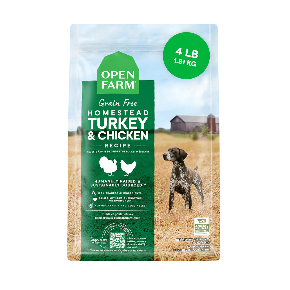 Open Farm grain-free dog kibble in a bowl, protein-packed meal.
