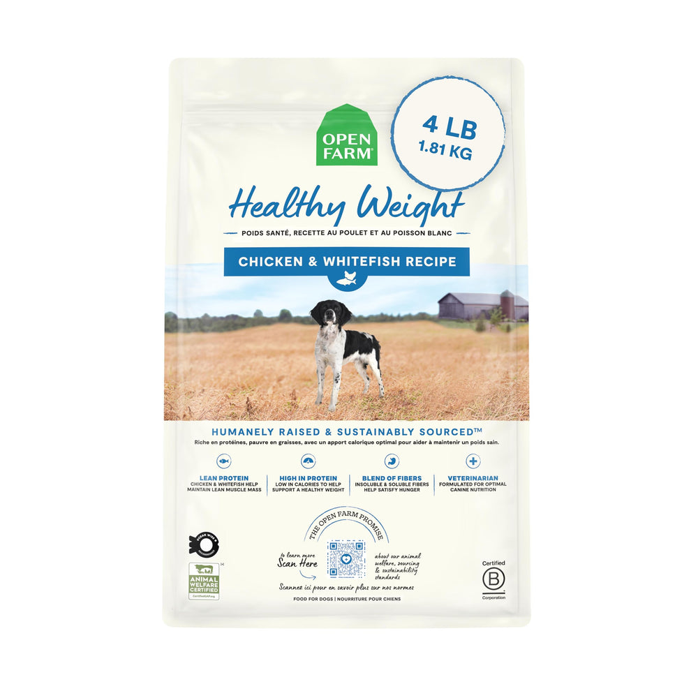 Open Farm Healthy Weight dog food bag demonstrates weight-management nutrition.