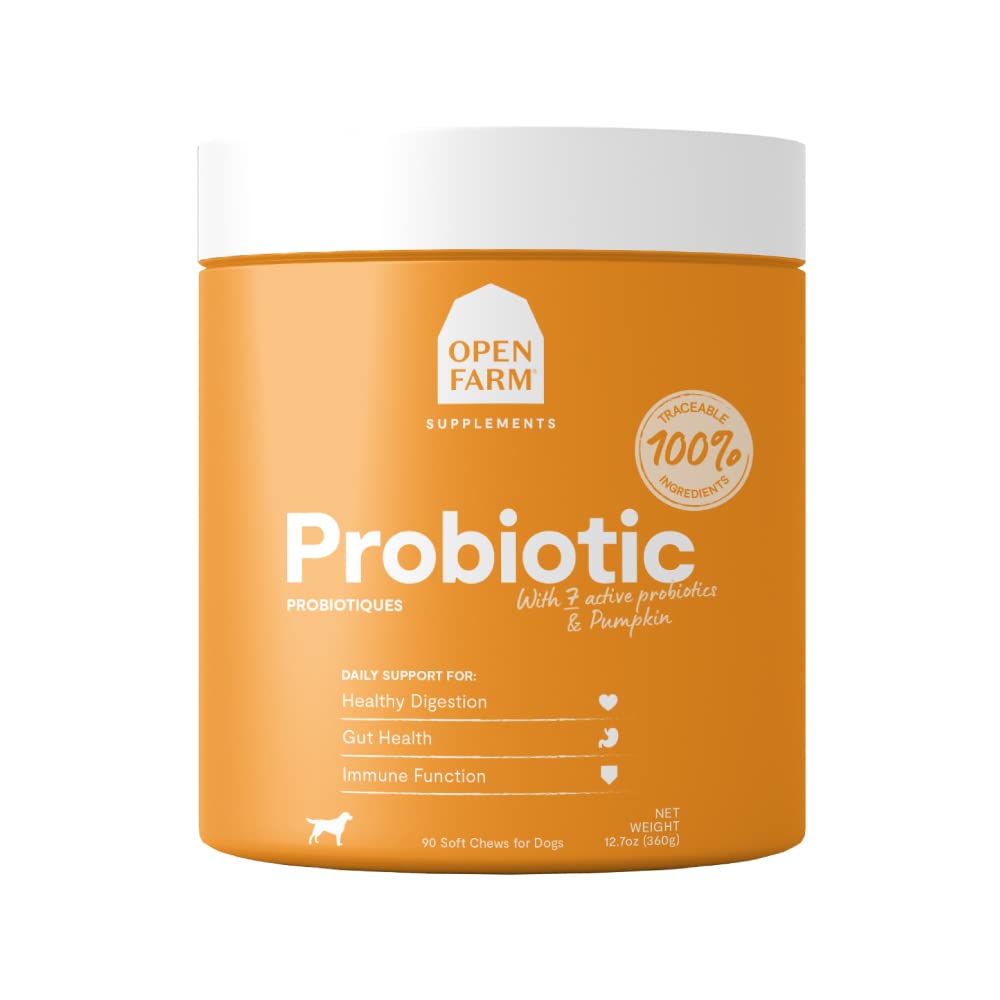 Open Farm Probiotic Chews packaging with batch traceability for transparent sourcing.