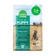 Open Farm puppy food kibble in a bowl showcases grain-free formula for robust growth.