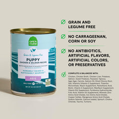 Open Farm chicken and salmon recipe highlights meat-first nutrition for puppies.