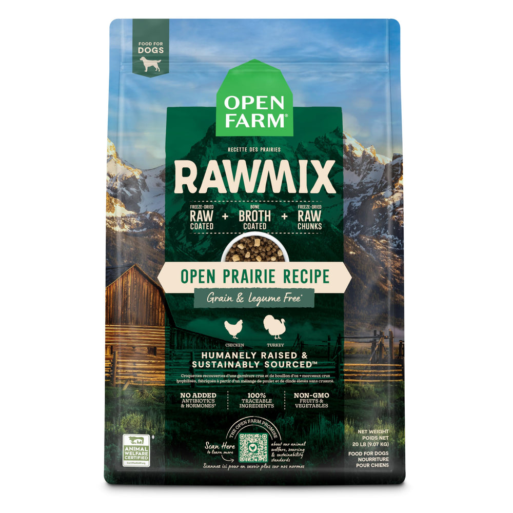 Open Farm RawMix bag front shows grain-free, protein-packed nutrition for dogs