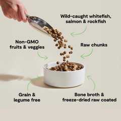 Open Farm RawMix kibble close-up showing bone broth coating and rich texture.