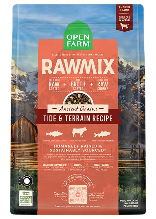 Open Farm RawMix dry dog food with pollock chunks boosts protein for active dogs.