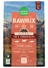Open Farm RawMix dry dog food with pollock chunks boosts protein for active dogs.