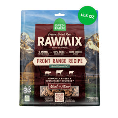 Open Farm RawMix Freeze Dried Morsels bag closeup highlights protein-rich real meat.