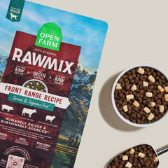 Open Farm RawMix freeze-dried raw chunks close-up boosts palatability and nutrition.