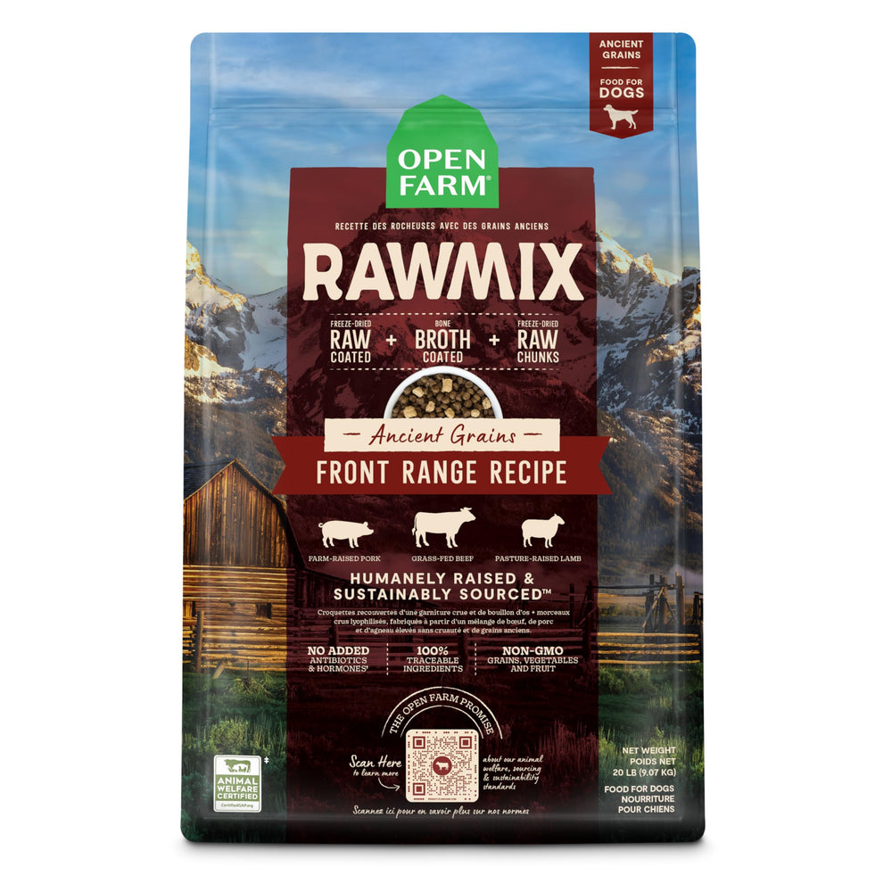 Open Farm RawMix Front Range bag shows ancient grains kibble for balanced dog nutrition.