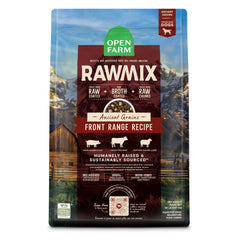 Open Farm RawMix Front Range bag shows ancient grains kibble for balanced dog nutrition.