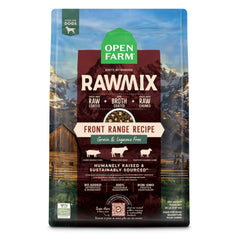 Open Farm RawMix Front Range Recipe bag shows grain-free kibble for balanced dog nutrition.