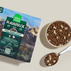 Open Farm RawMix kibble close-up emphasizes grain-free recipe and nutrient-dense ingredients.