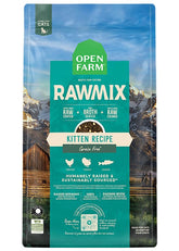 Open Farm RawMix kitten dry cat food bag shows protein-packed kibble for kittens