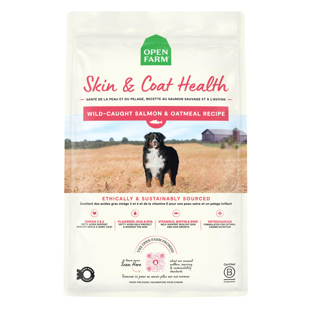 Open Farm Skin & Coat Health dog food in bowl promoting a healthy shine